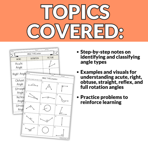 Types of Angles Notes and Worksheets for Geometry Review | 8th - 10th Grade Math - Image 2