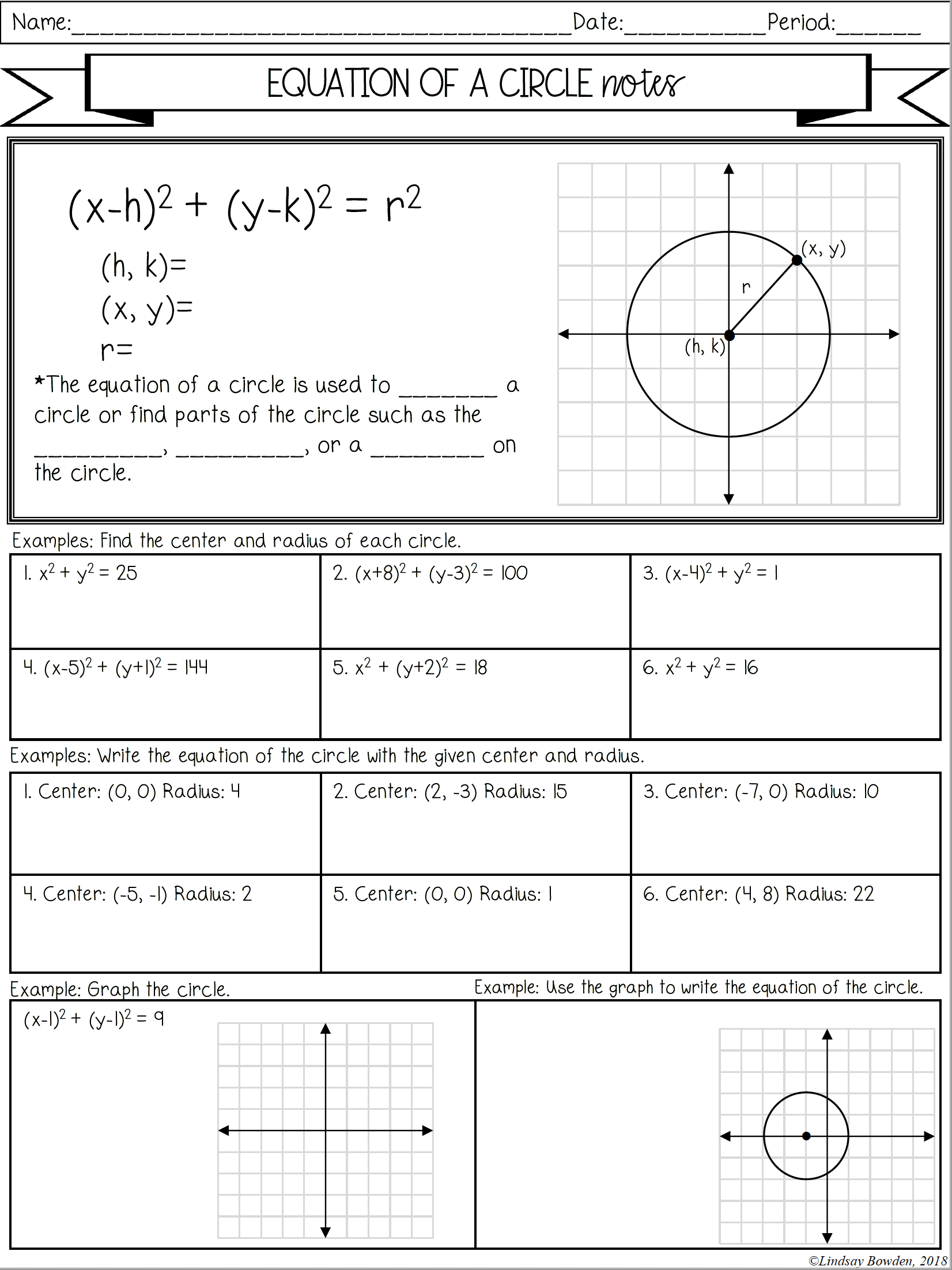 Equation of a Circle Notes and Worksheets - Lindsay Bowden For Equations Of Circles Worksheet