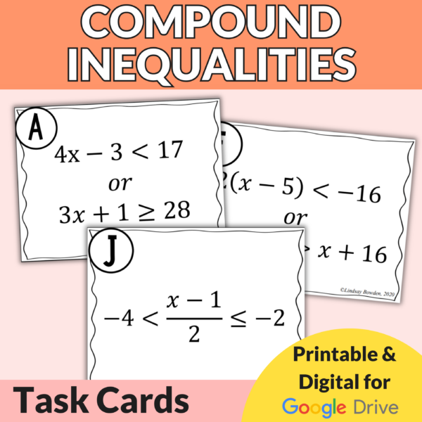 Solving Compound Inequalities and Graphing Task Cards Activity for Algebra 1