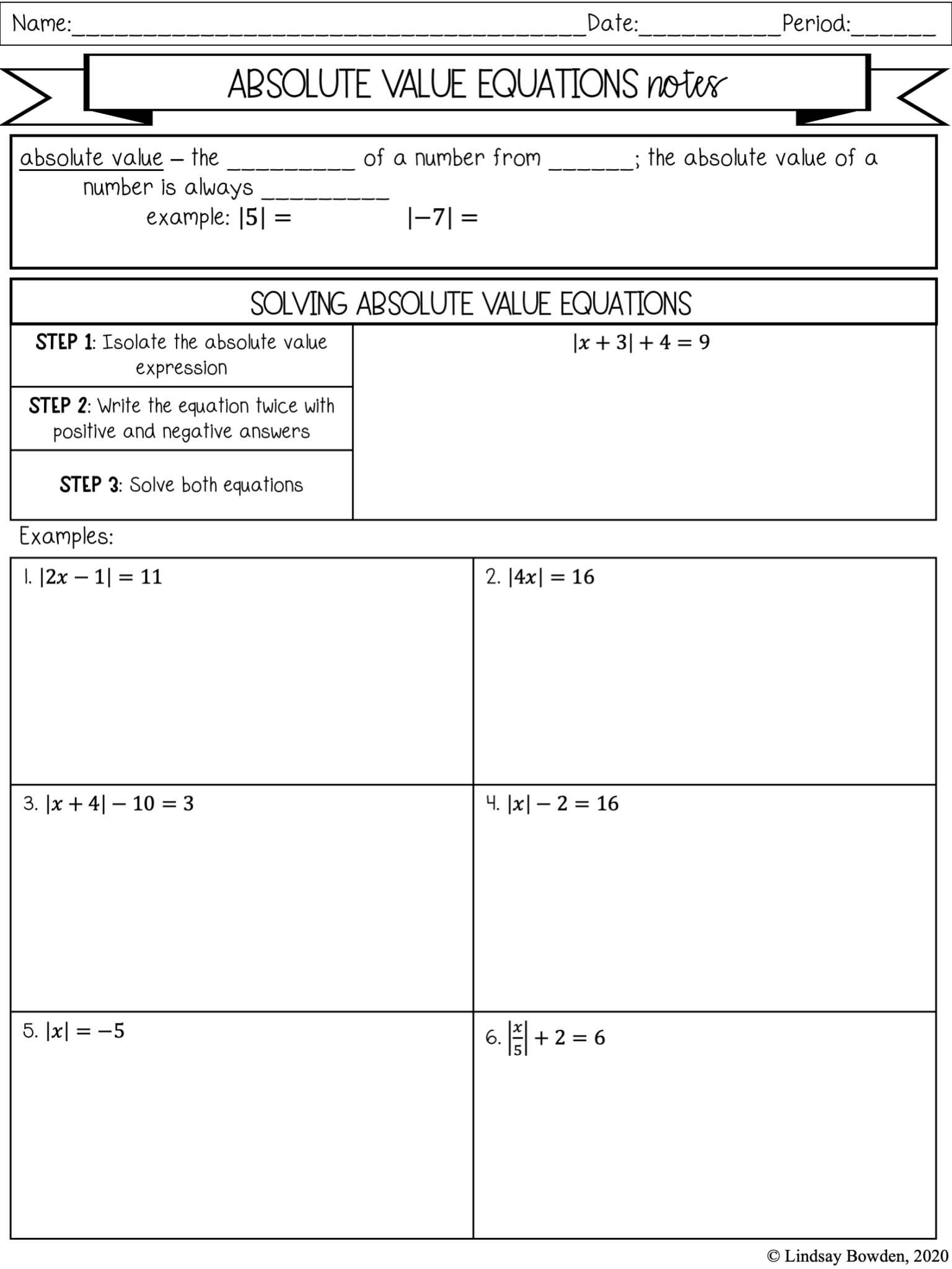 Absolute Value Notes and Worksheets - Lindsay Bowden