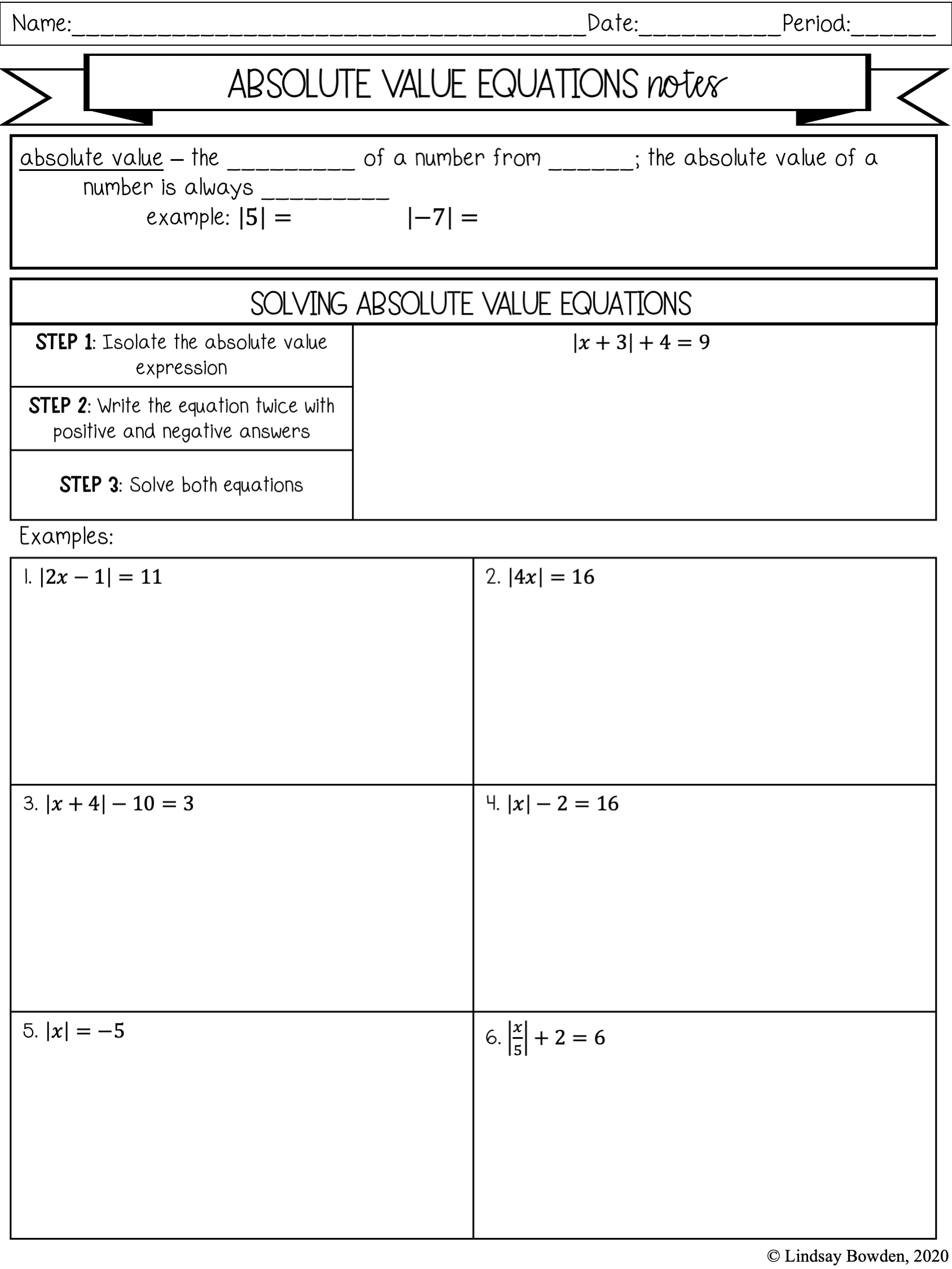 Absolute Value Notes and Worksheets - Lindsay Bowden With Absolute Value Function Worksheet