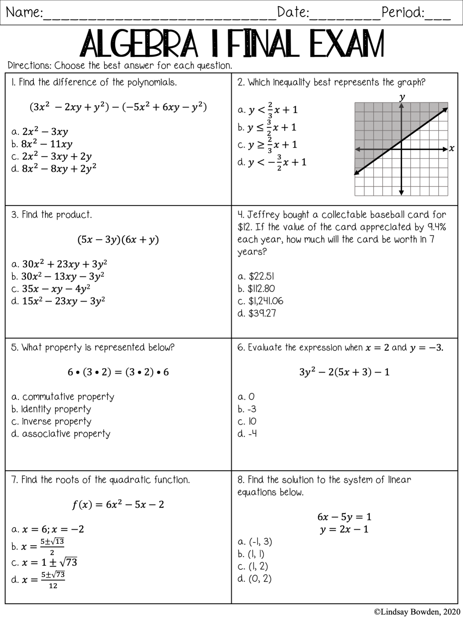Algebra 1 Final Exam with Study Guide (Editable) Lindsay Bowden