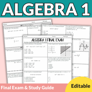 Editable Algebra 1 Final Exam with Study Guide  No Prep 8th-11th