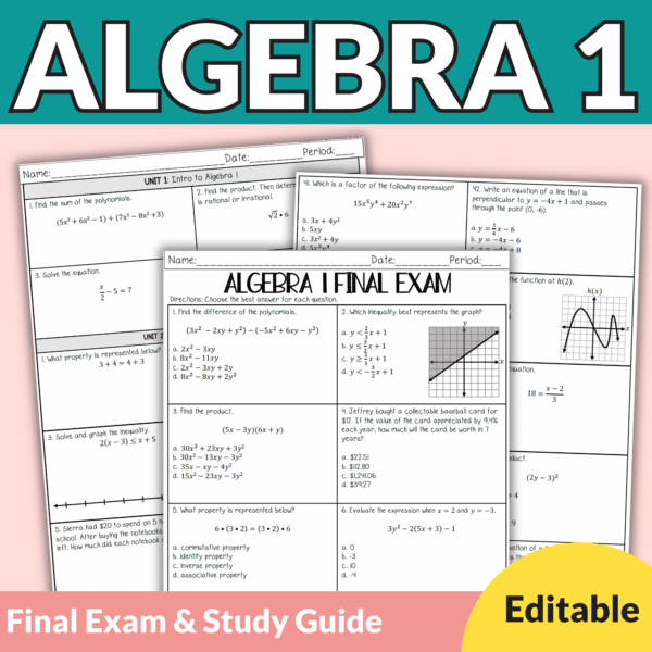 Algebra 1 Final Exam with Study Guide (Editable)