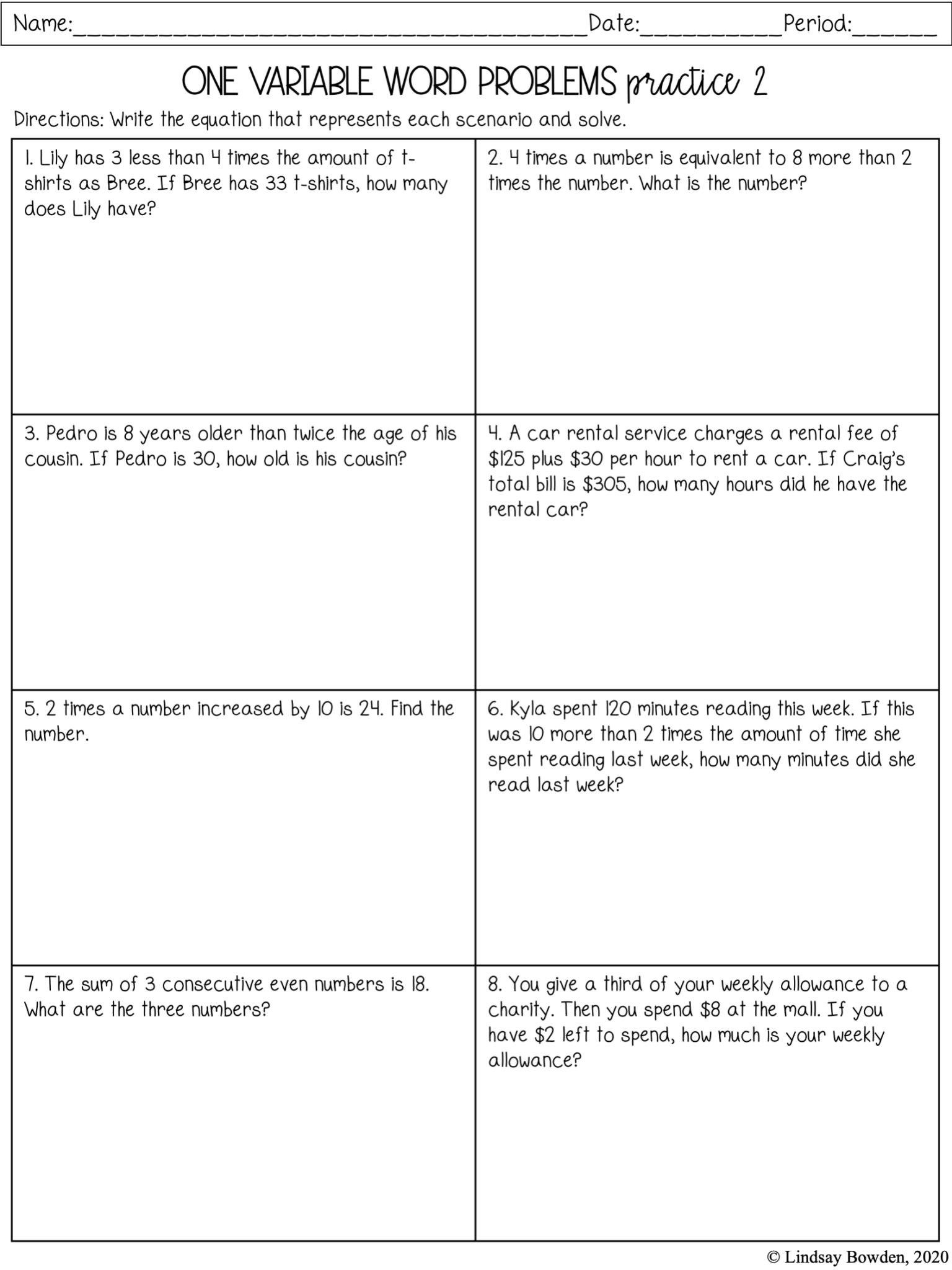 One Step Variable Equations Worksheet