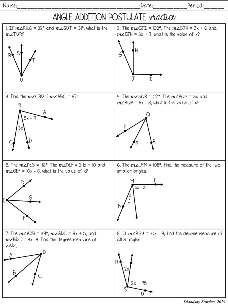 Geometry Angle Addition Postulate Worksheet