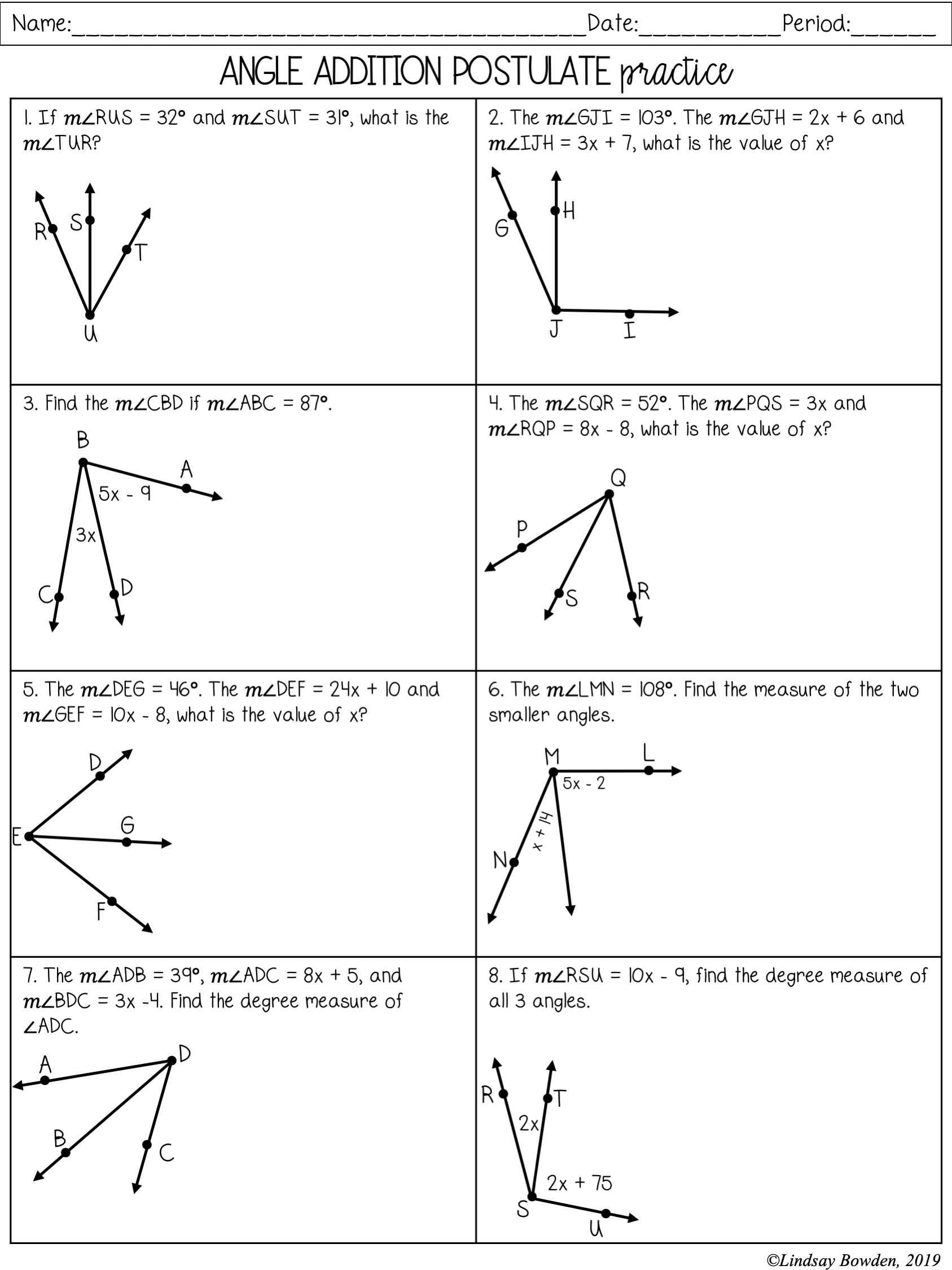 Segment and Angle Addition Postulate Notes and Worksheets In Angle Addition Postulate Worksheet