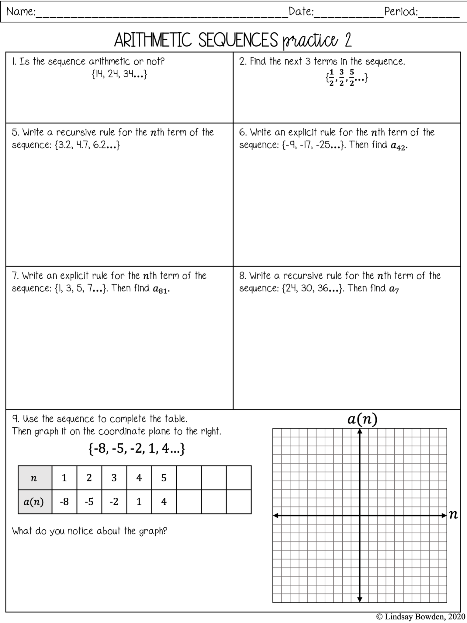 Arithmetic Sequences Notes and Worksheets - Lindsay Bowden