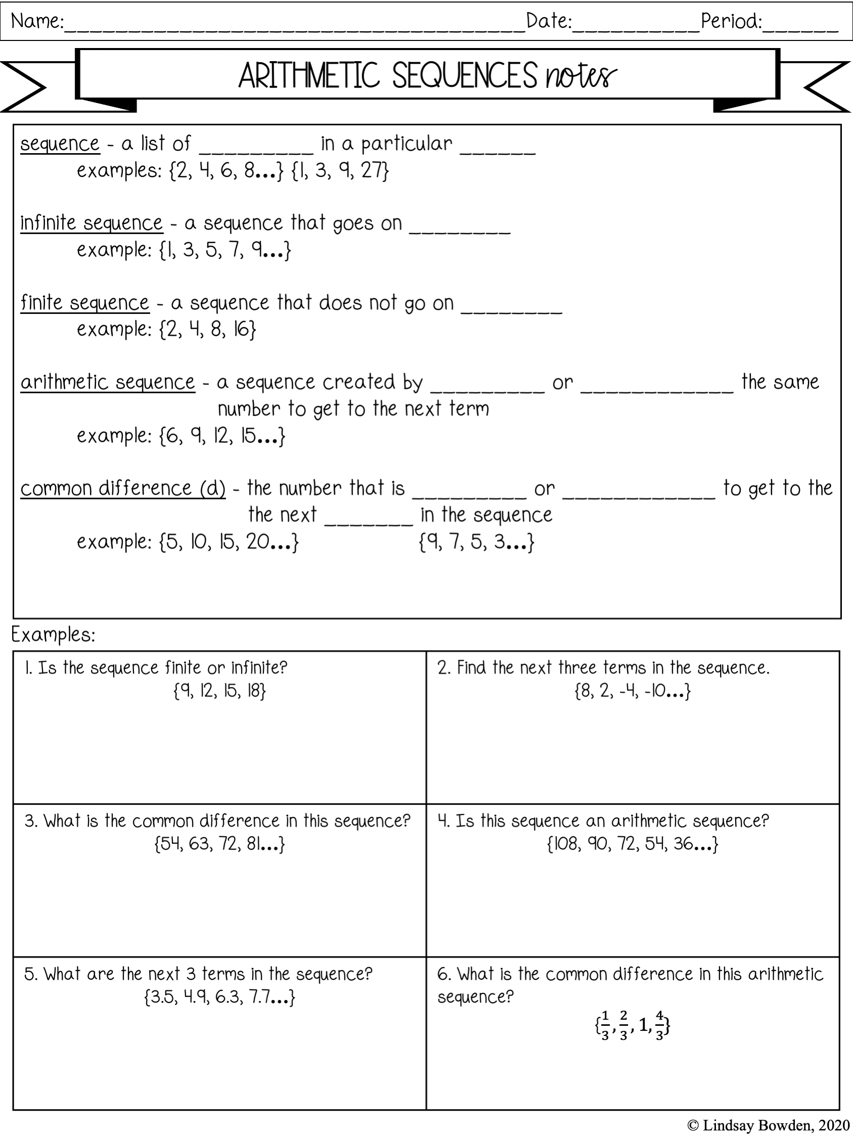 Arithmetic Sequences Notes and Worksheets - Lindsay Bowden Pertaining To Arithmetic Sequences And Series Worksheet