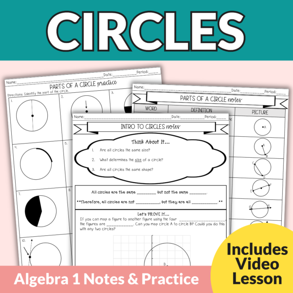 Circle Notes and Worksheets: Angles, Tangents, and Segments for 9th – 11th Grade Geometry