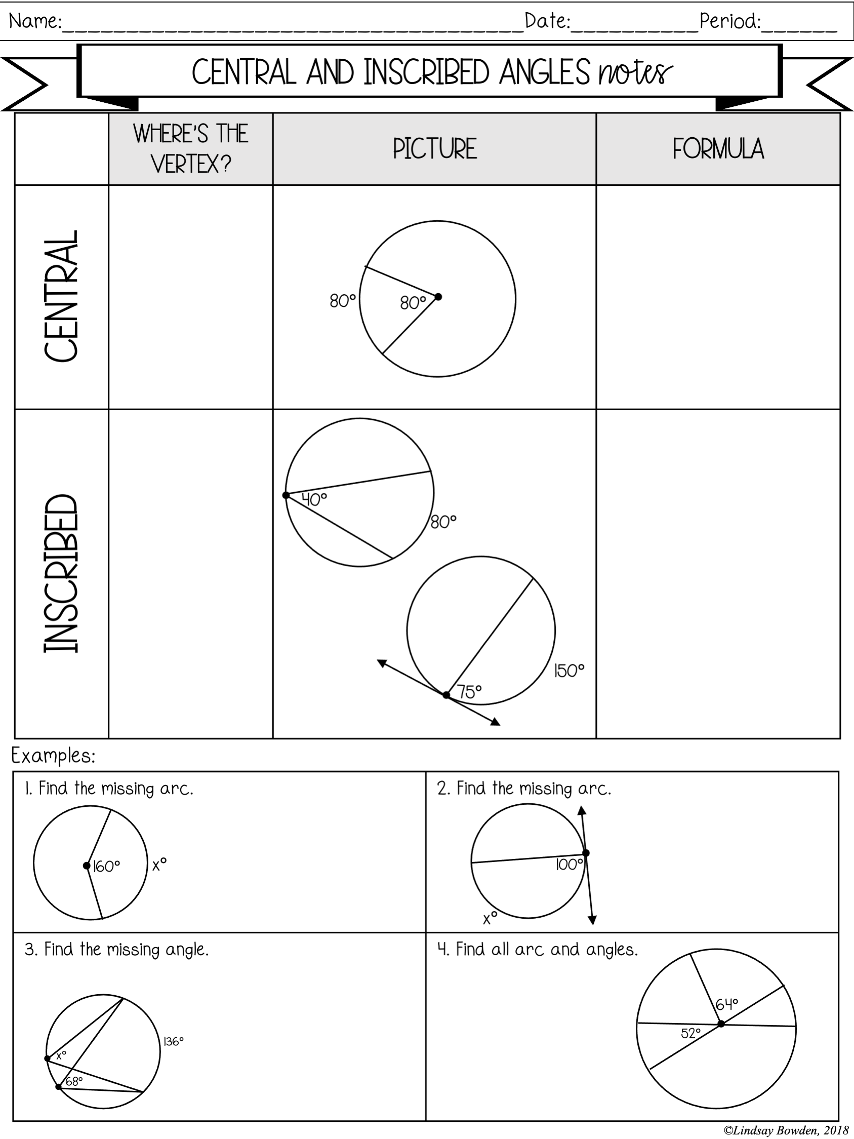 Circles Notes and Worksheets - Lindsay Bowden For Central And Inscribed Angle Worksheet