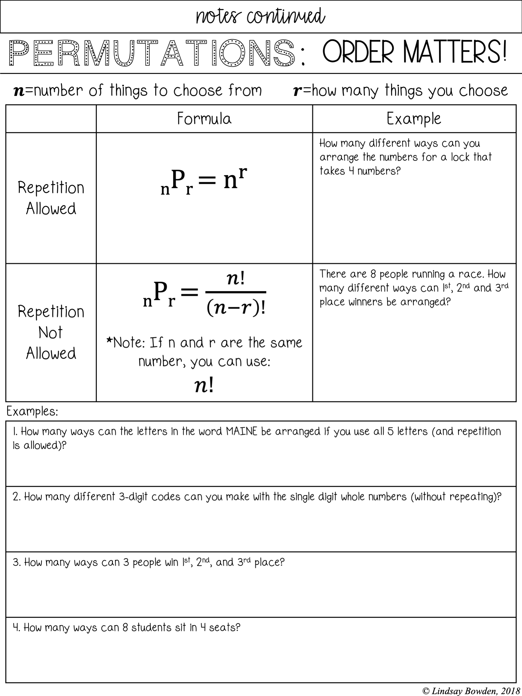 Permutations and Combinations Notes and Worksheets - Lindsay Bowden Intended For Permutations And Combinations Worksheet