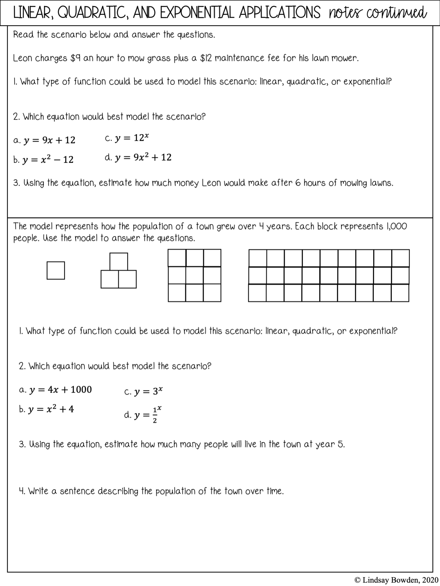 Linear, Quadratic, Exponential Notes and Worksheets Lindsay Bowden