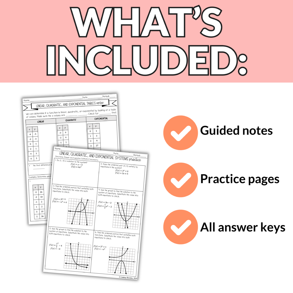 Comparing Functions | Linear, Quadratic, and Exponential Notes & Worksheets - Image 2