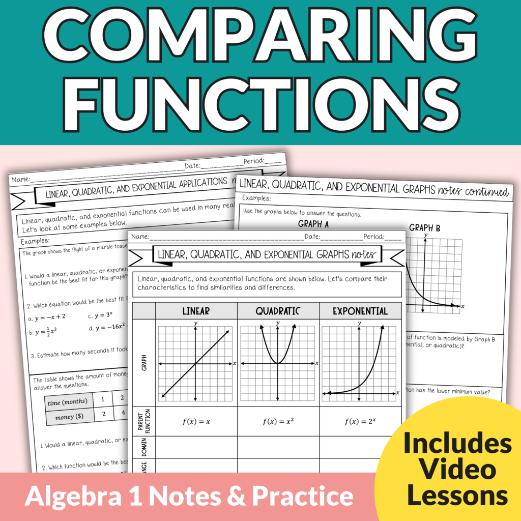 Comparing Functions | Linear, Quadratic, and Exponential Notes & Worksheets