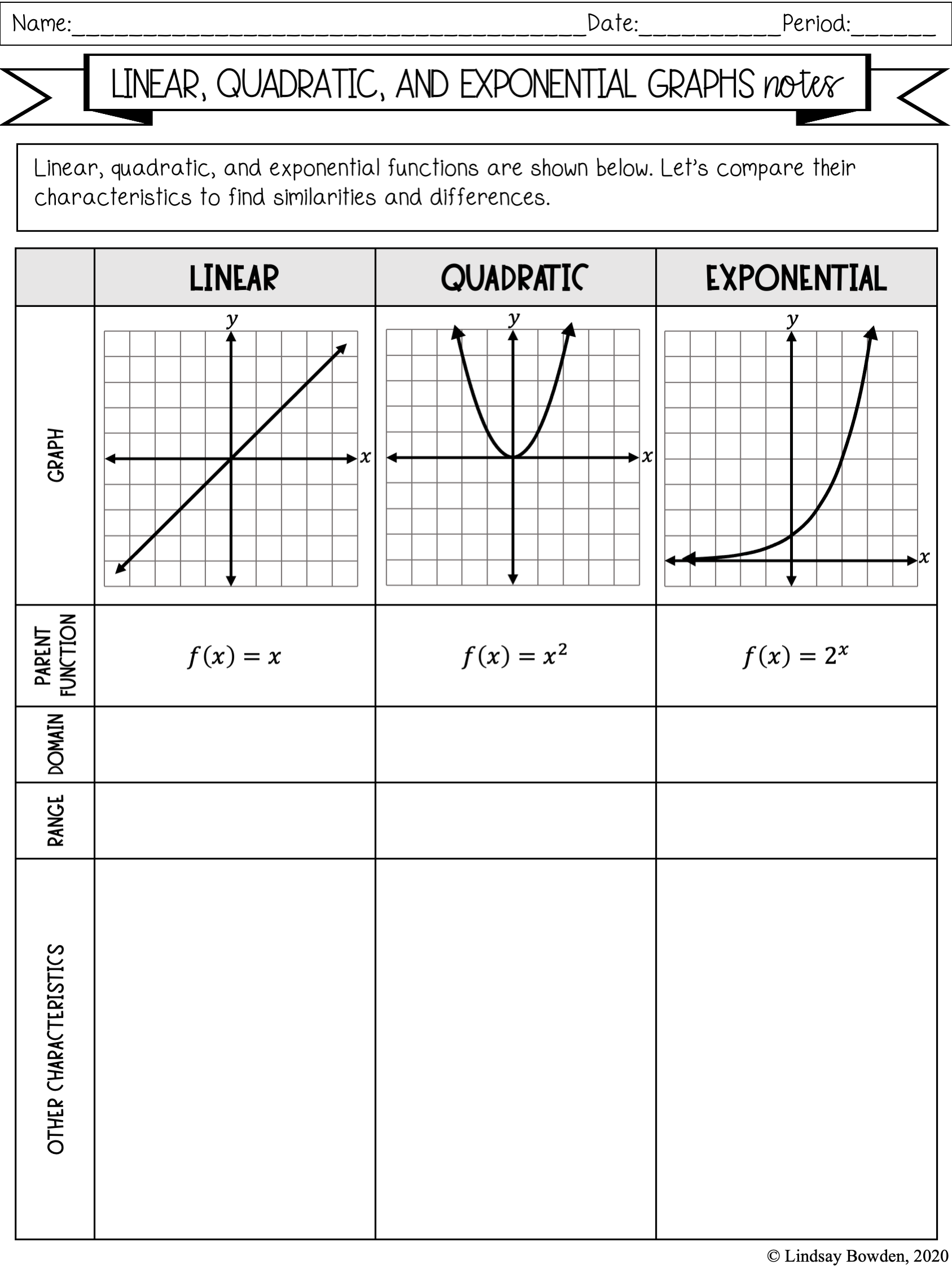 Linear, Quadratic, Exponential Notes and Worksheets - Lindsay Bowden With From Linear To Quadratic Worksheet