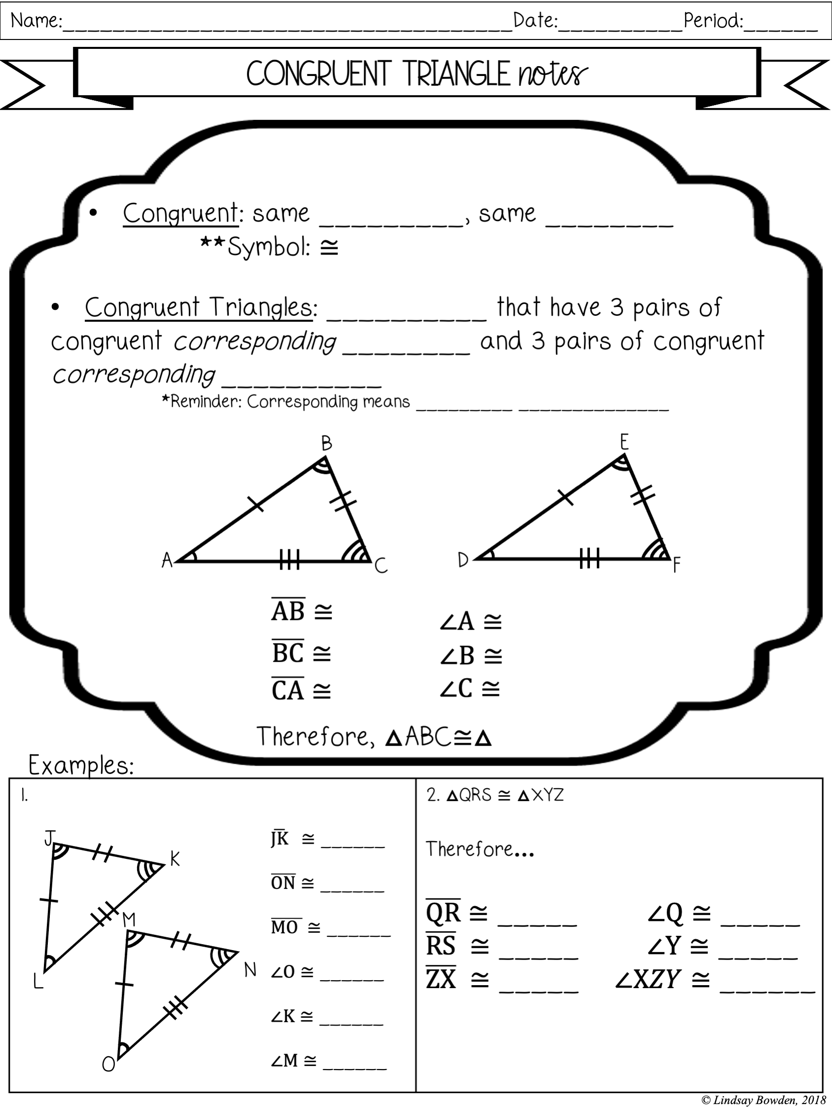 Congruent Triangles Notes and Worksheets - Lindsay Bowden With Congruent Triangles Worksheet With Answer