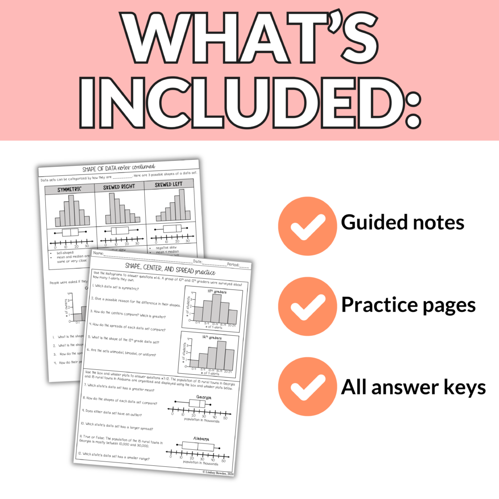 Data Analysis: Comparing Data Shape, Center, Spread Notes & Worksheets ...