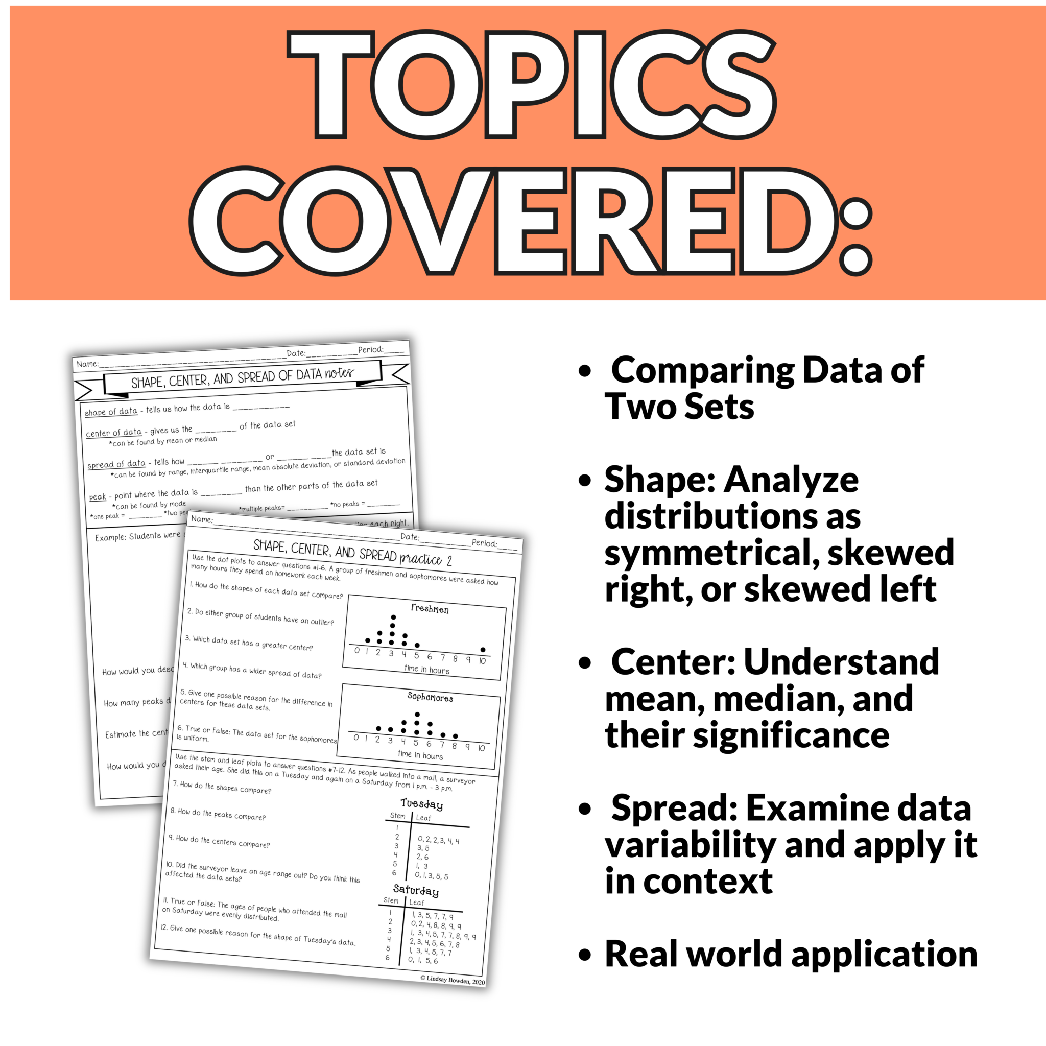 Data Analysis: Comparing Data Shape, Center, Spread Notes & Worksheets ...