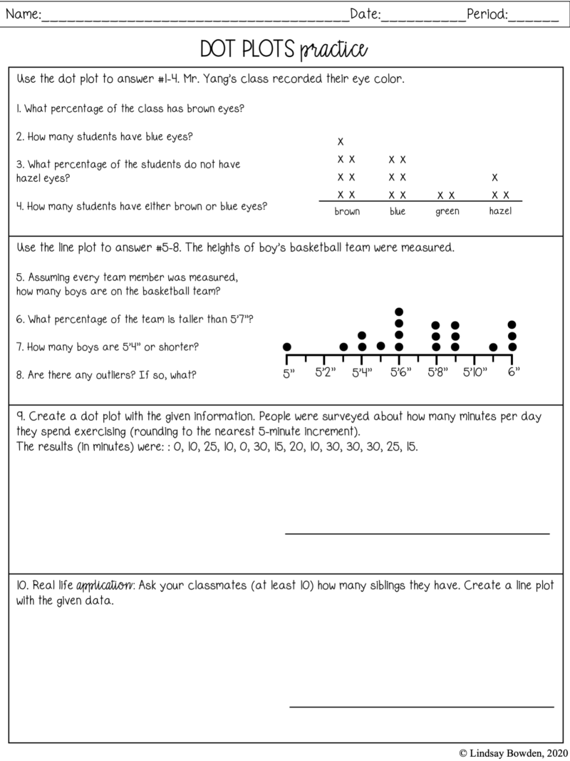 Dot Plots Notes And Worksheets Lindsay Bowden