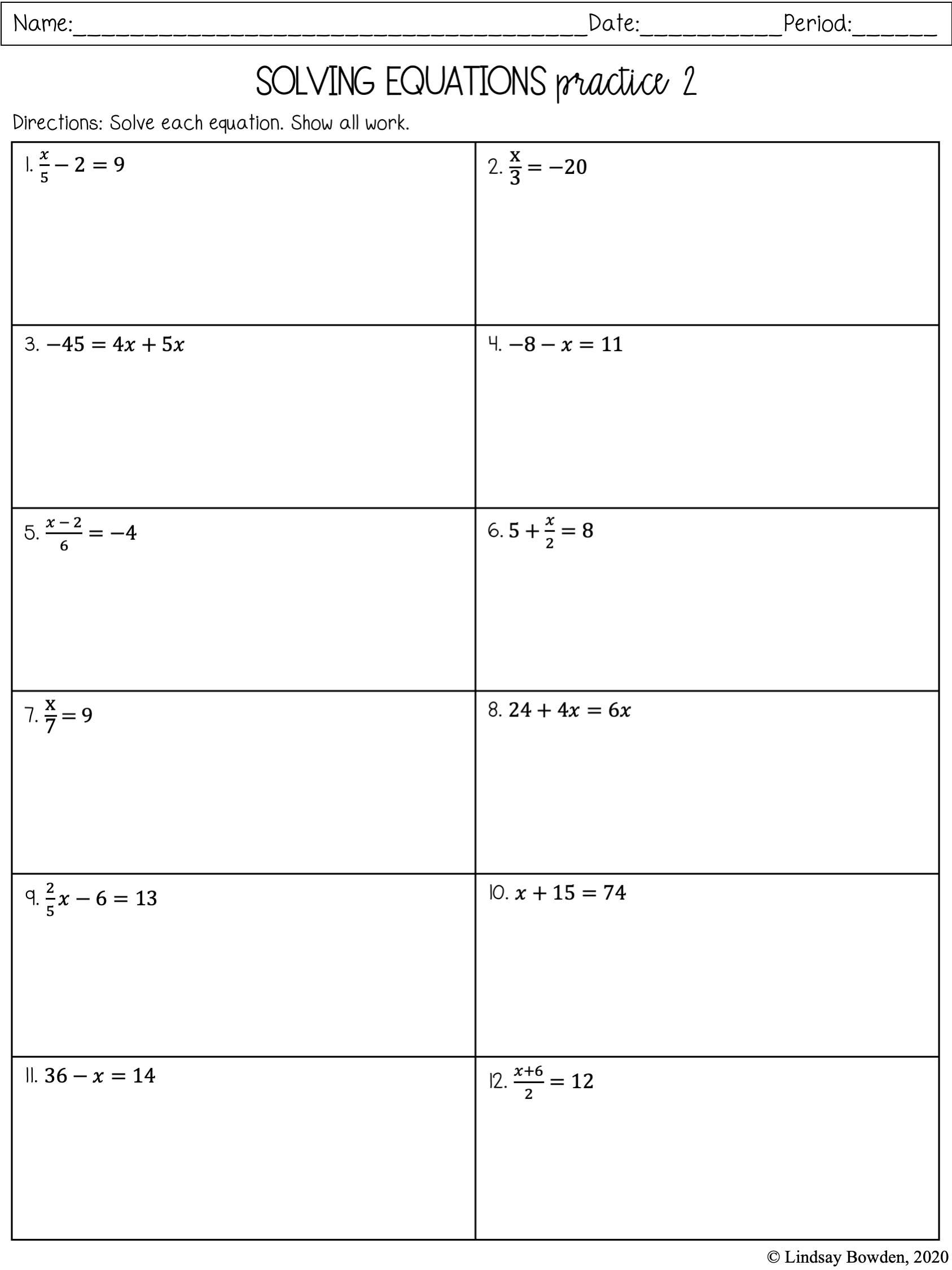 Solve Two Step Equations Worksheet