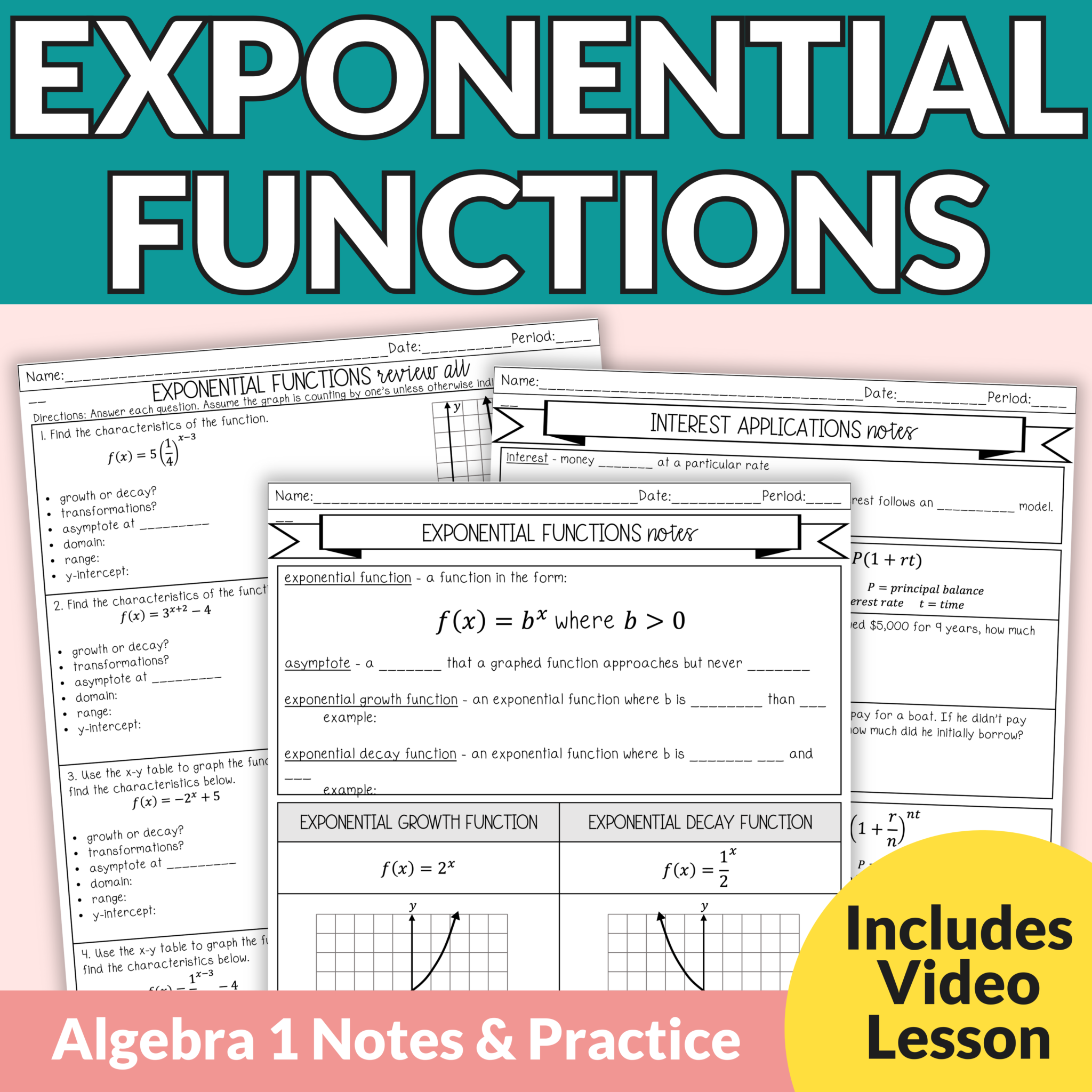 Exponential Functions Notes and Worksheets for 8th - 11th Grade Algebra ...