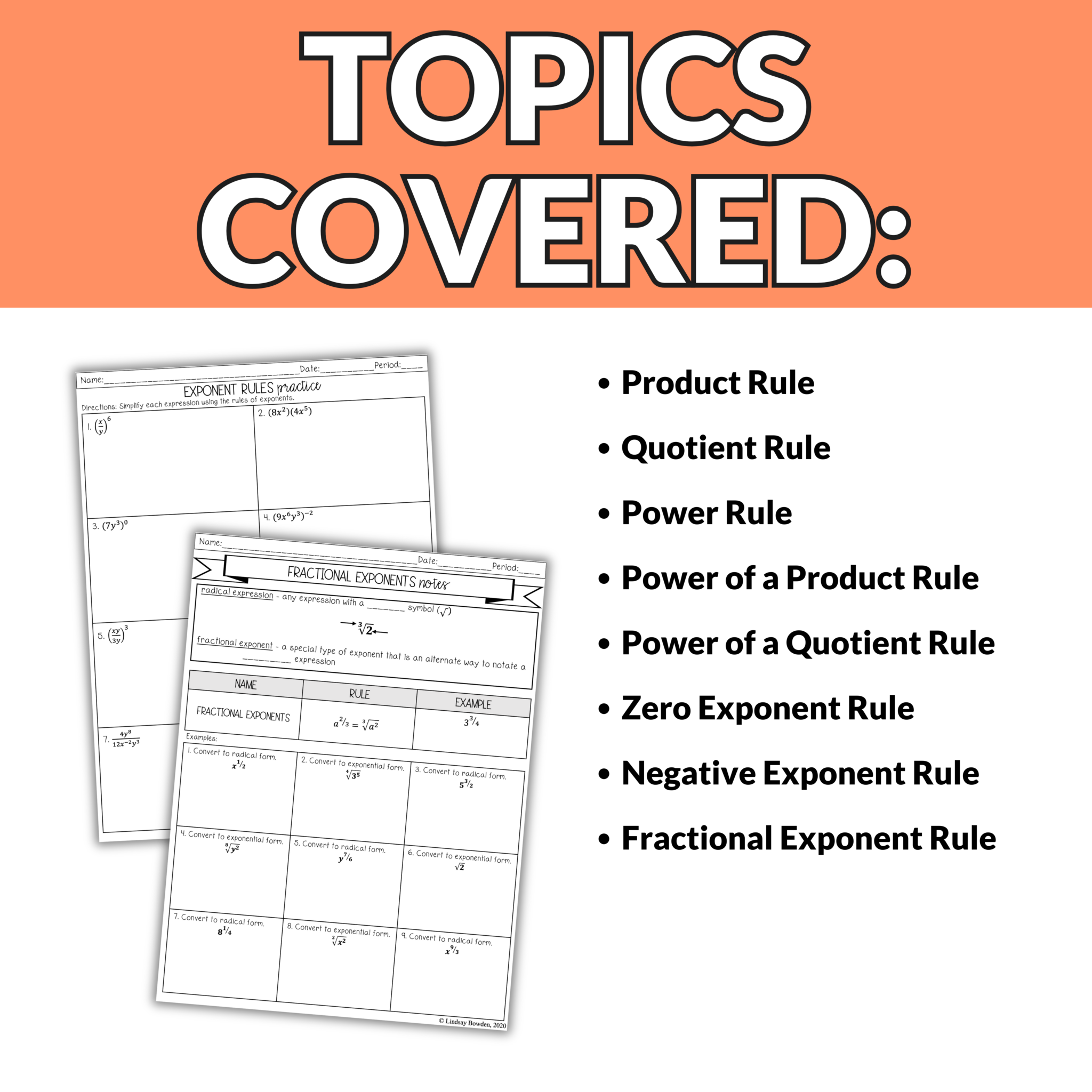 Laws of Exponents and Exponent Rules Notes and Worksheets for Algebra 1 ...