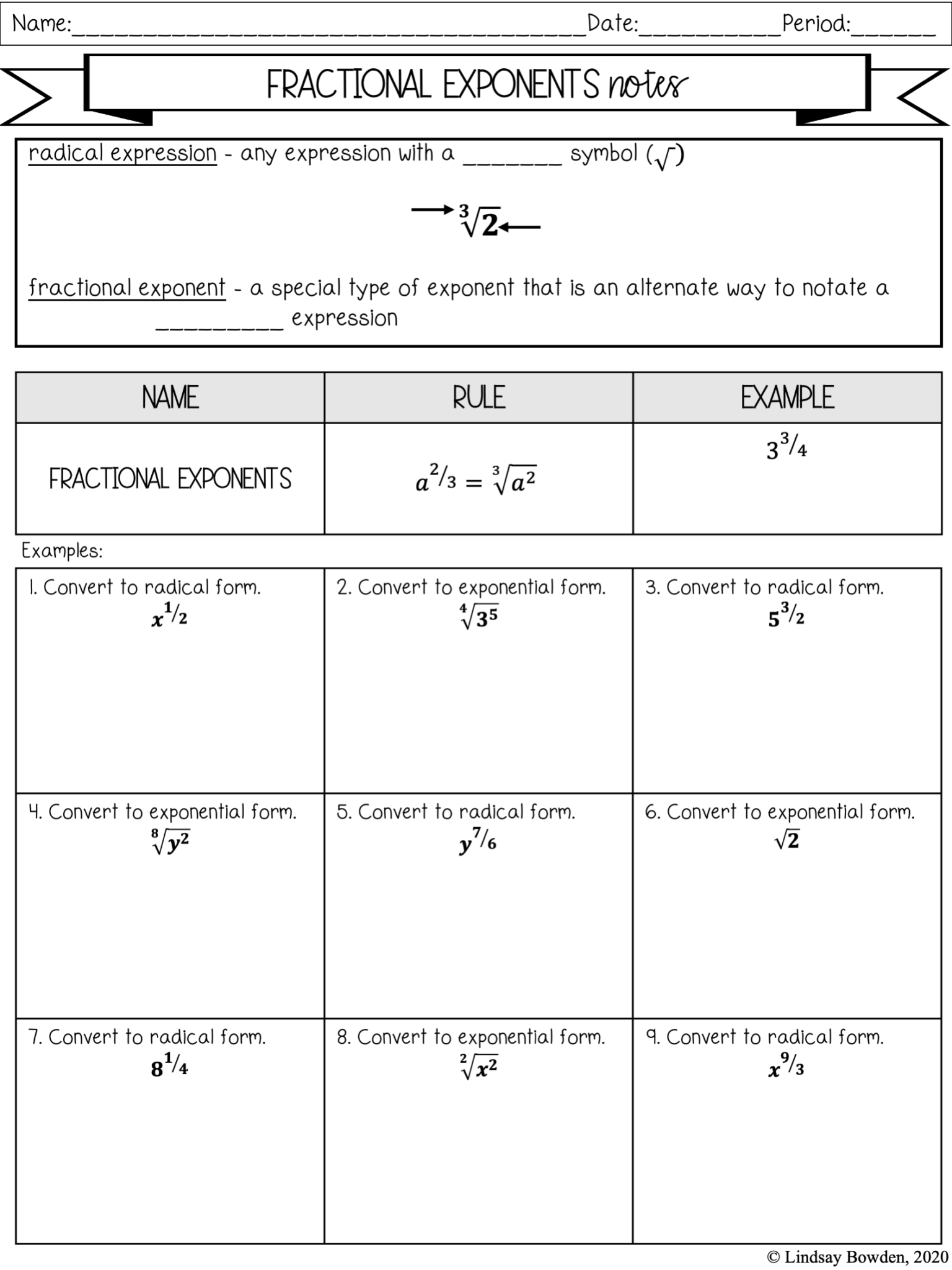 Exponent Rules Notes And Worksheets Lindsay Bowden