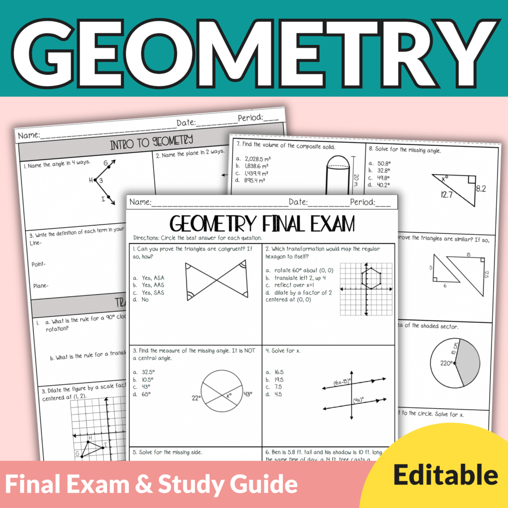 Editable Geometry Final Exam with Study Guide | No Prep | 8th - 11th