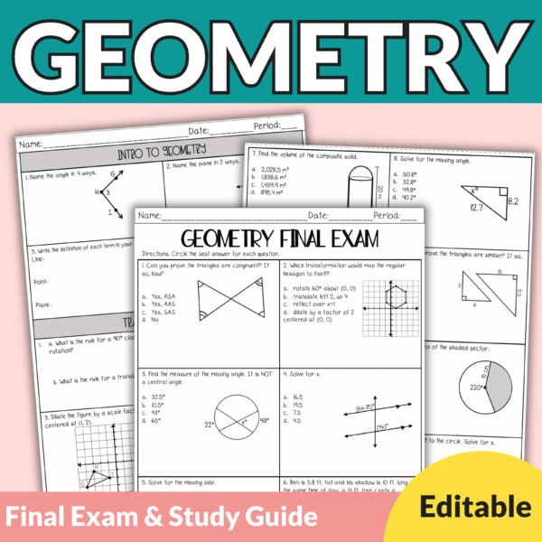 Geometry Final Exam with Study Guide (Editable)