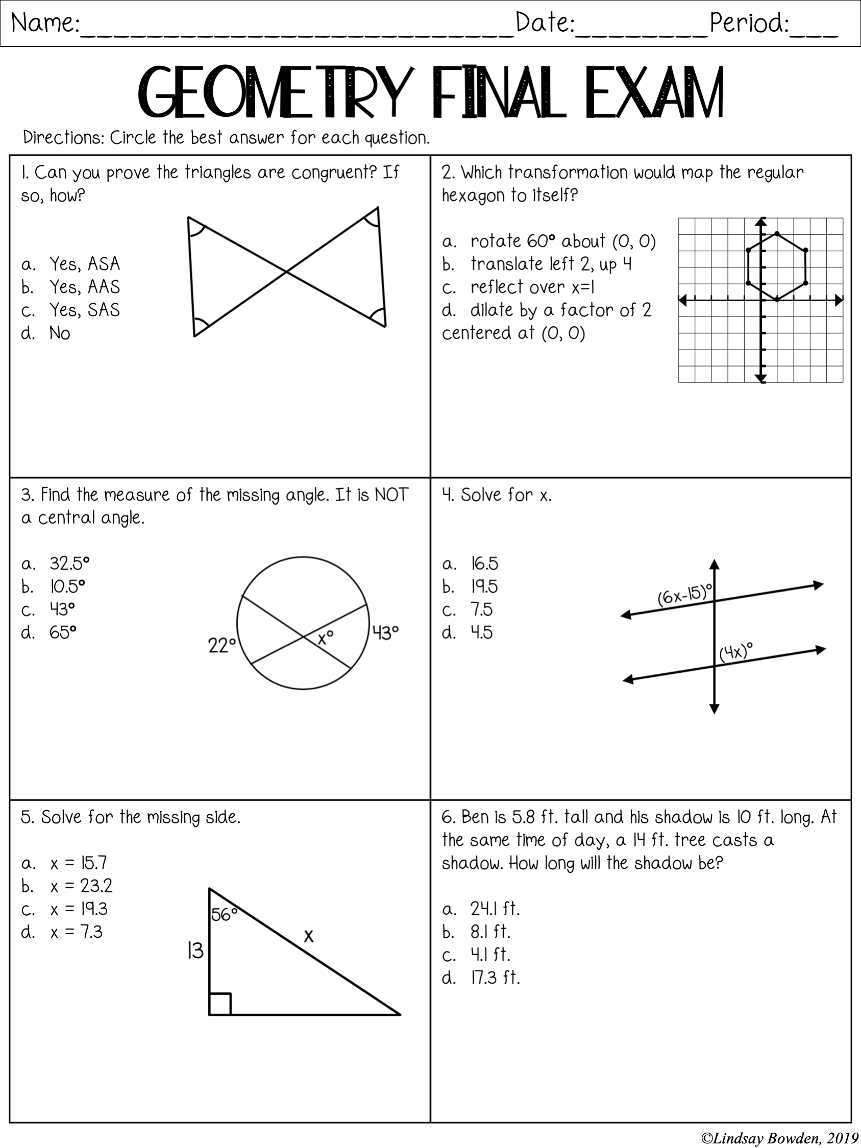 Geometry Final Exam with Study Guide (Editable) Lindsay Bowden