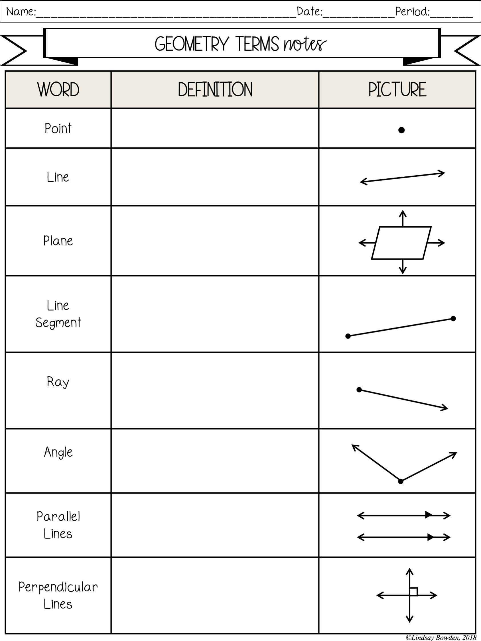 Geometry Terms Notes and Worksheets - Lindsay Bowden