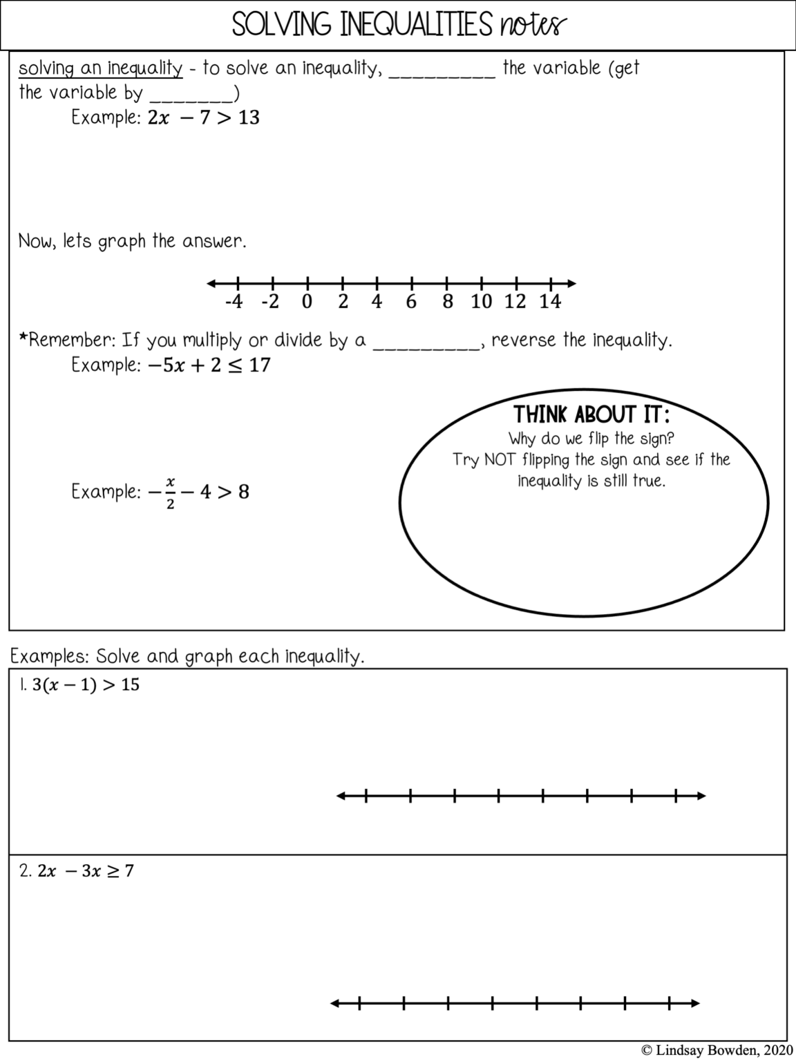 One Variable Inequalities Notes and Worksheets - Lindsay Bowden