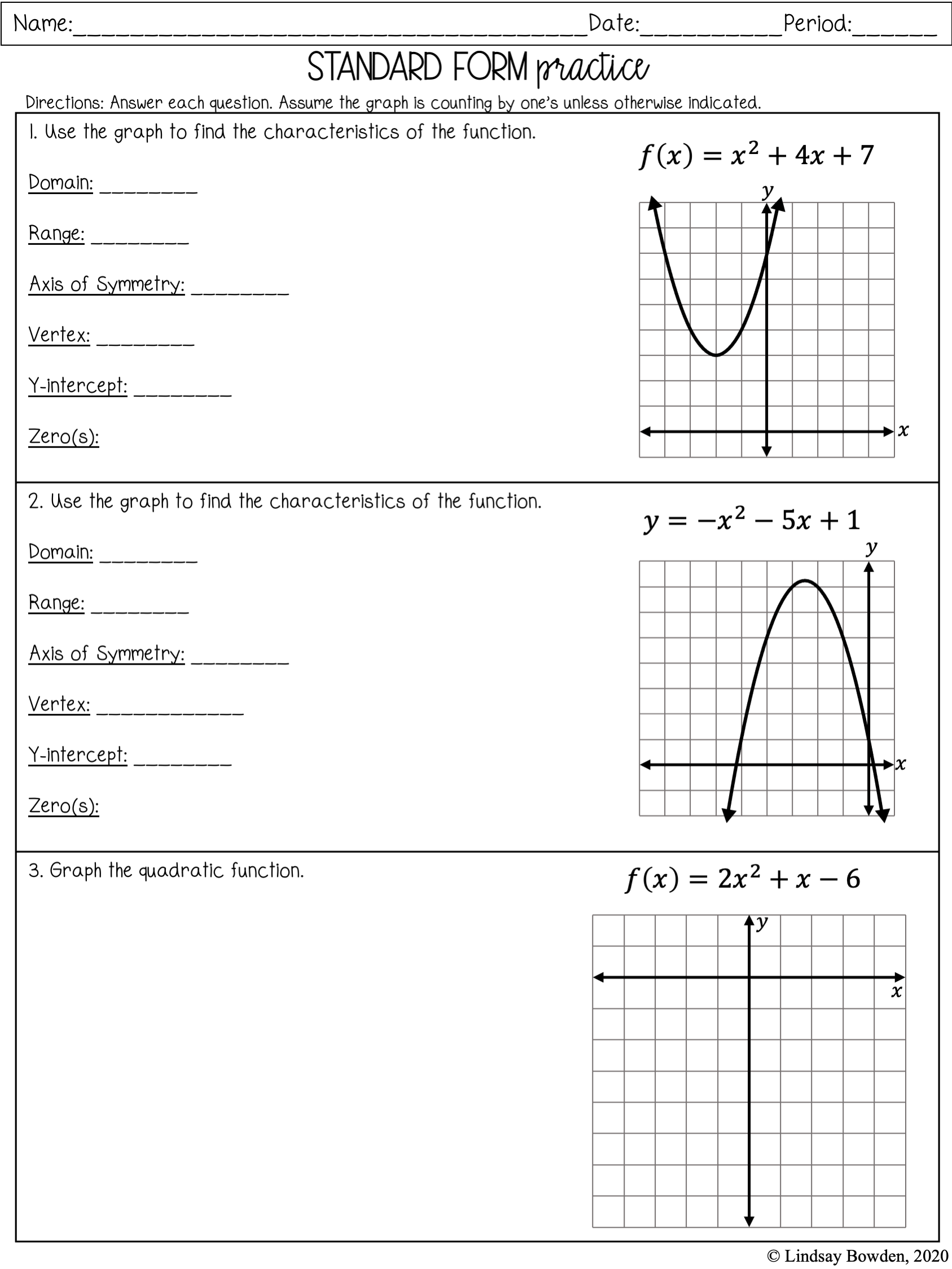 Graphing A Quadratic Function Worksheet