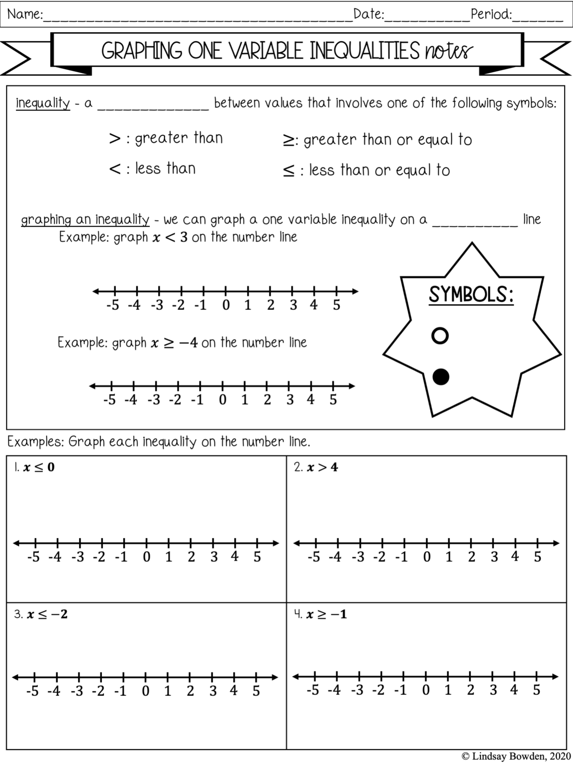 One Variable Inequalities Notes and Worksheets - Lindsay Bowden