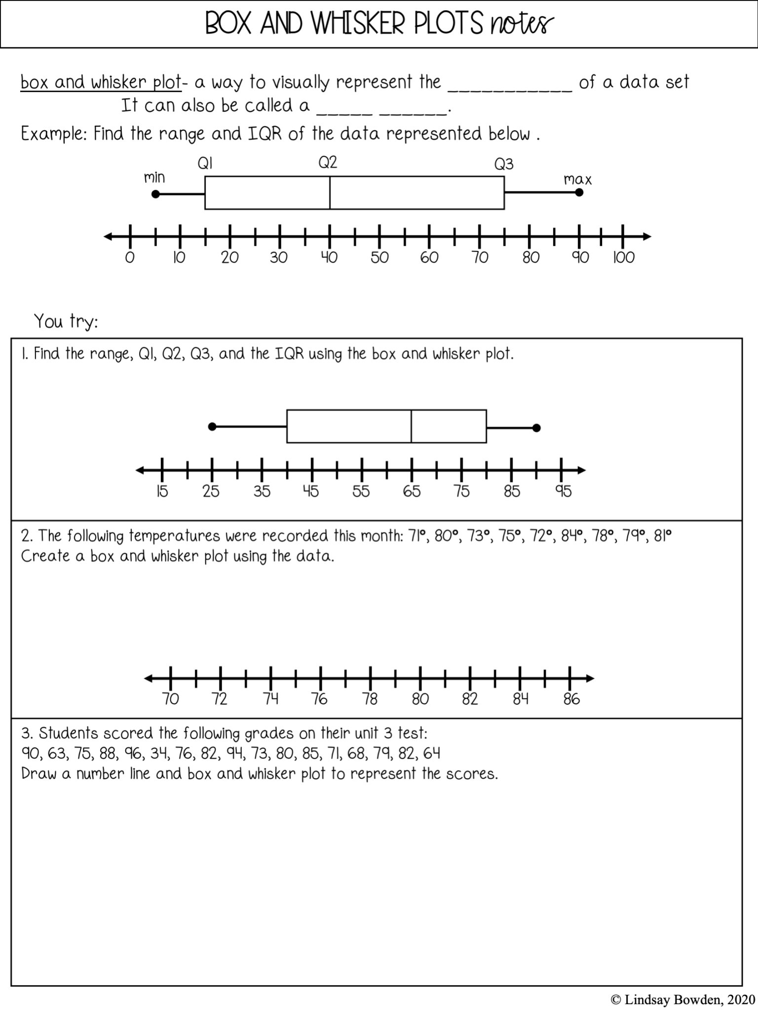 Box and Whisker Plots Notes and Worksheets - Lindsay Bowden