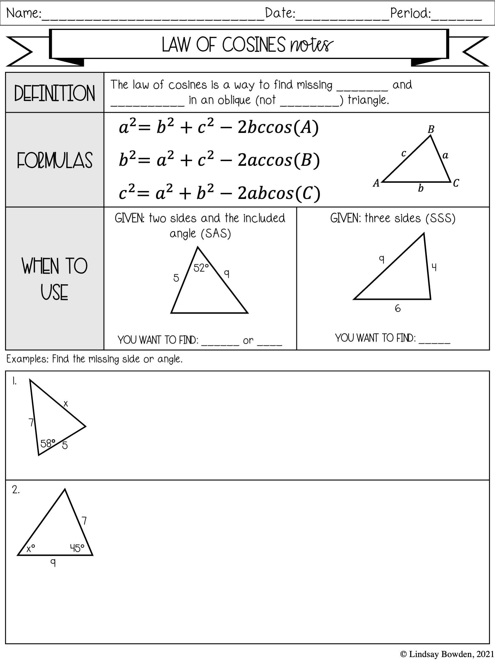 Law of Sines and Cosines Notes and Worksheets - Lindsay Bowden Throughout Law Of Cosines Worksheet