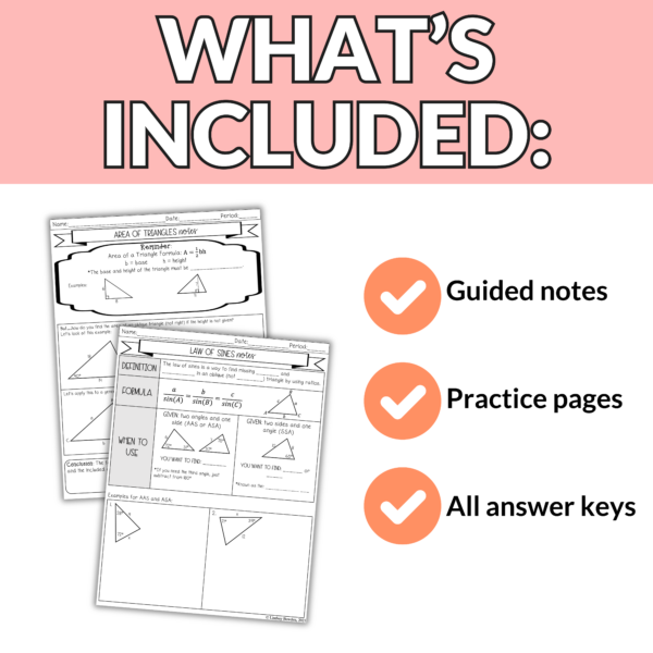 Law of Sines and Cosines, Triangle Area Notes and Worksheets for Grades 9th-11th - Image 3