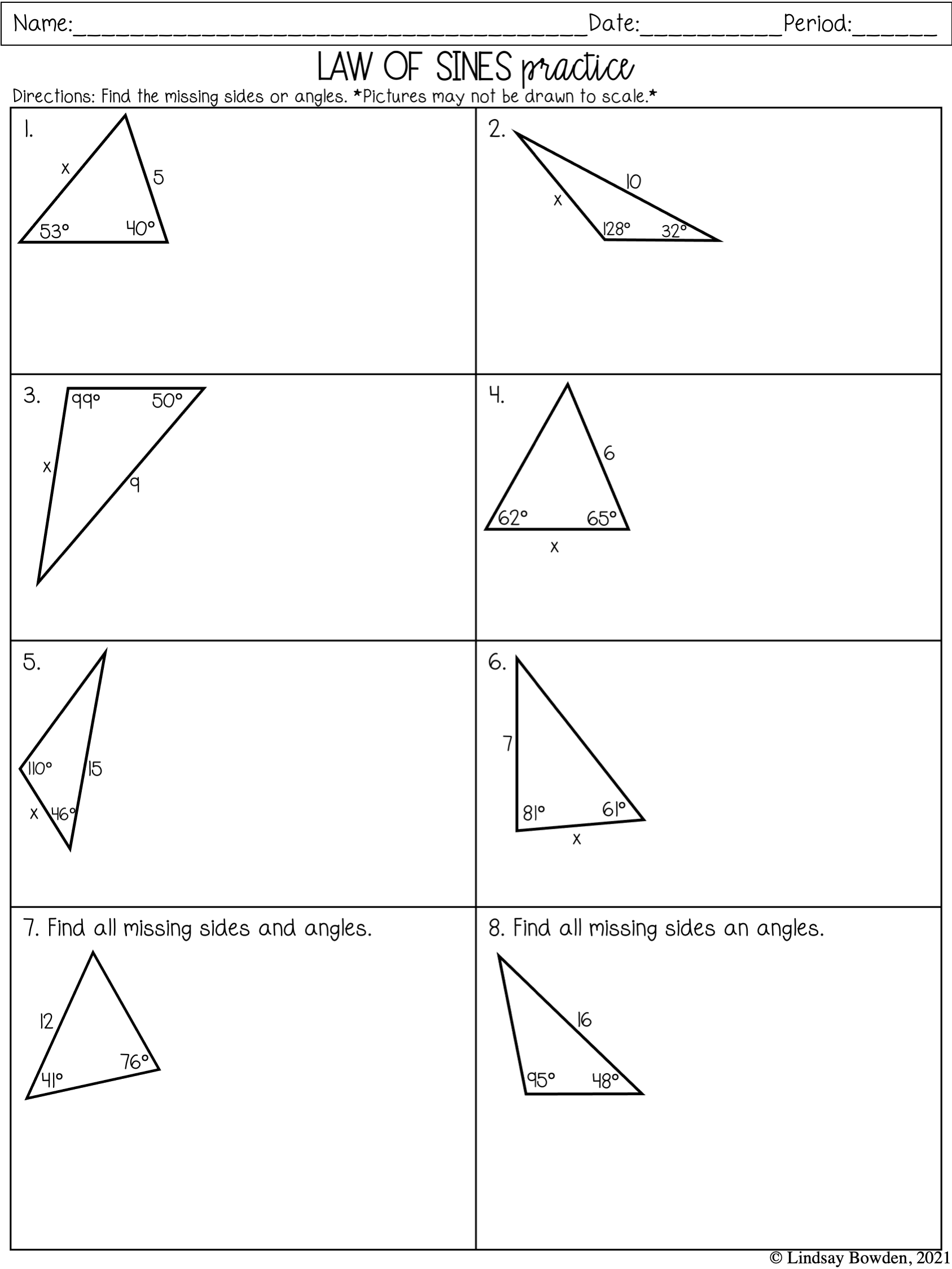 Law of Sines and Cosines Notes and Worksheets - Lindsay Bowden Regarding Law Of Cosines Worksheet