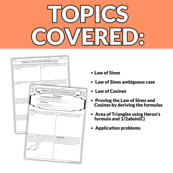 Law of Sines and Cosines, Triangle Area Notes and Worksheets for Grades 9th-11th - Image 2