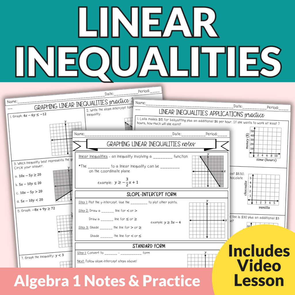 Graphing Linear Inequalities in Different Forms Notes and Worksheets Algebra 1