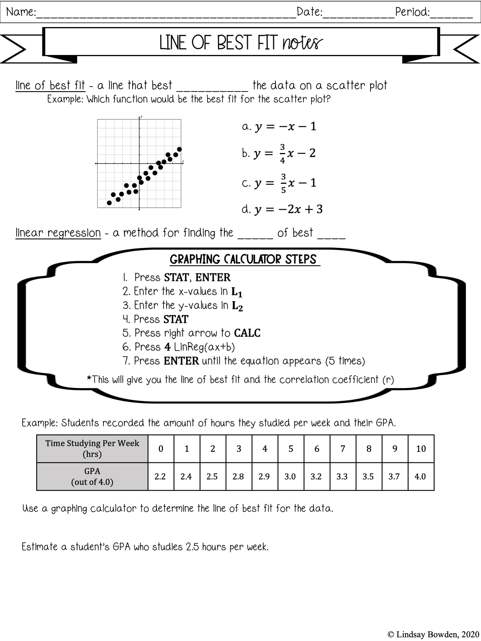 Scatter Plots Notes and Worksheets - Lindsay Bowden Intended For Line Of Best Fit Worksheet