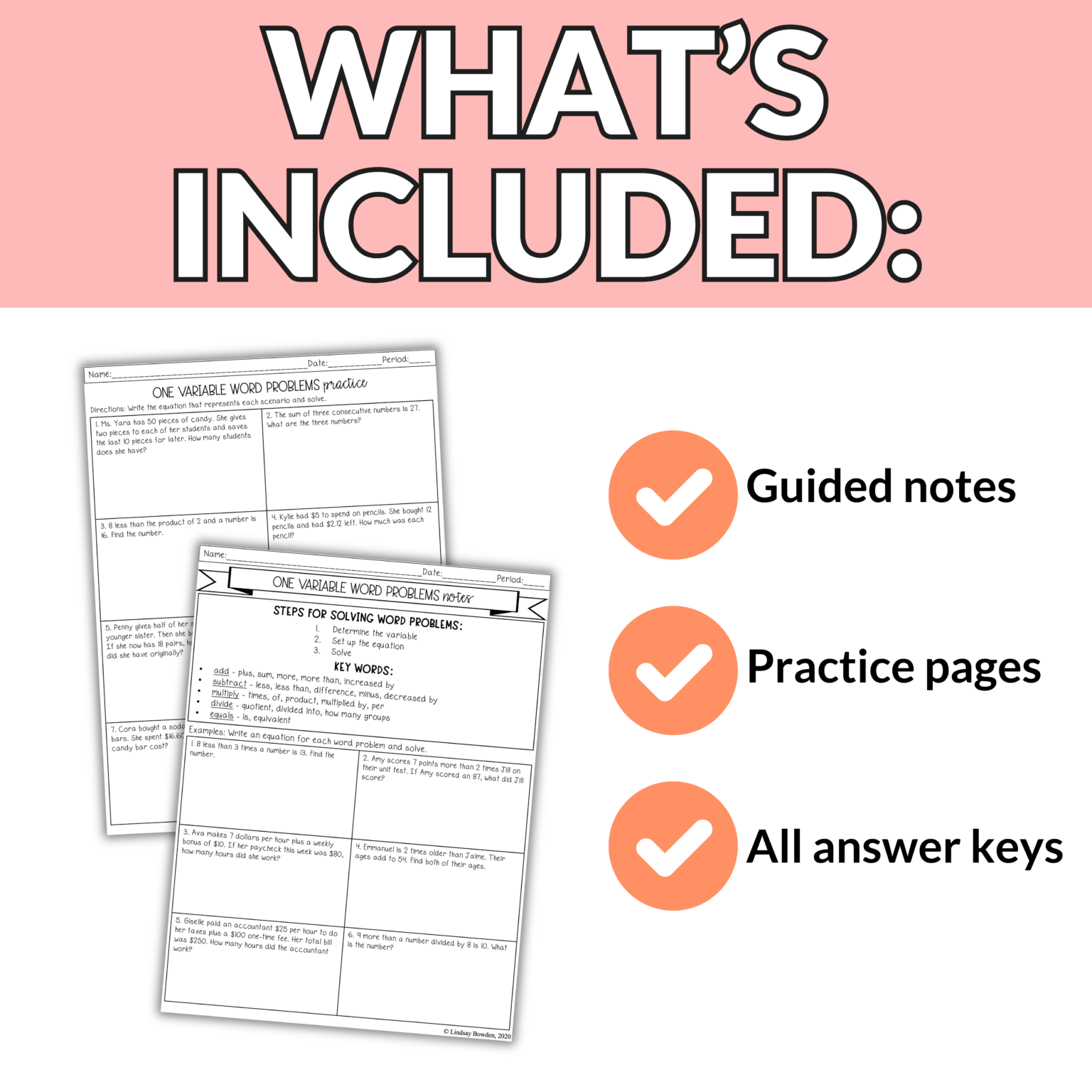 One-Variable Word Problems Worksheets & Notes for Teachers