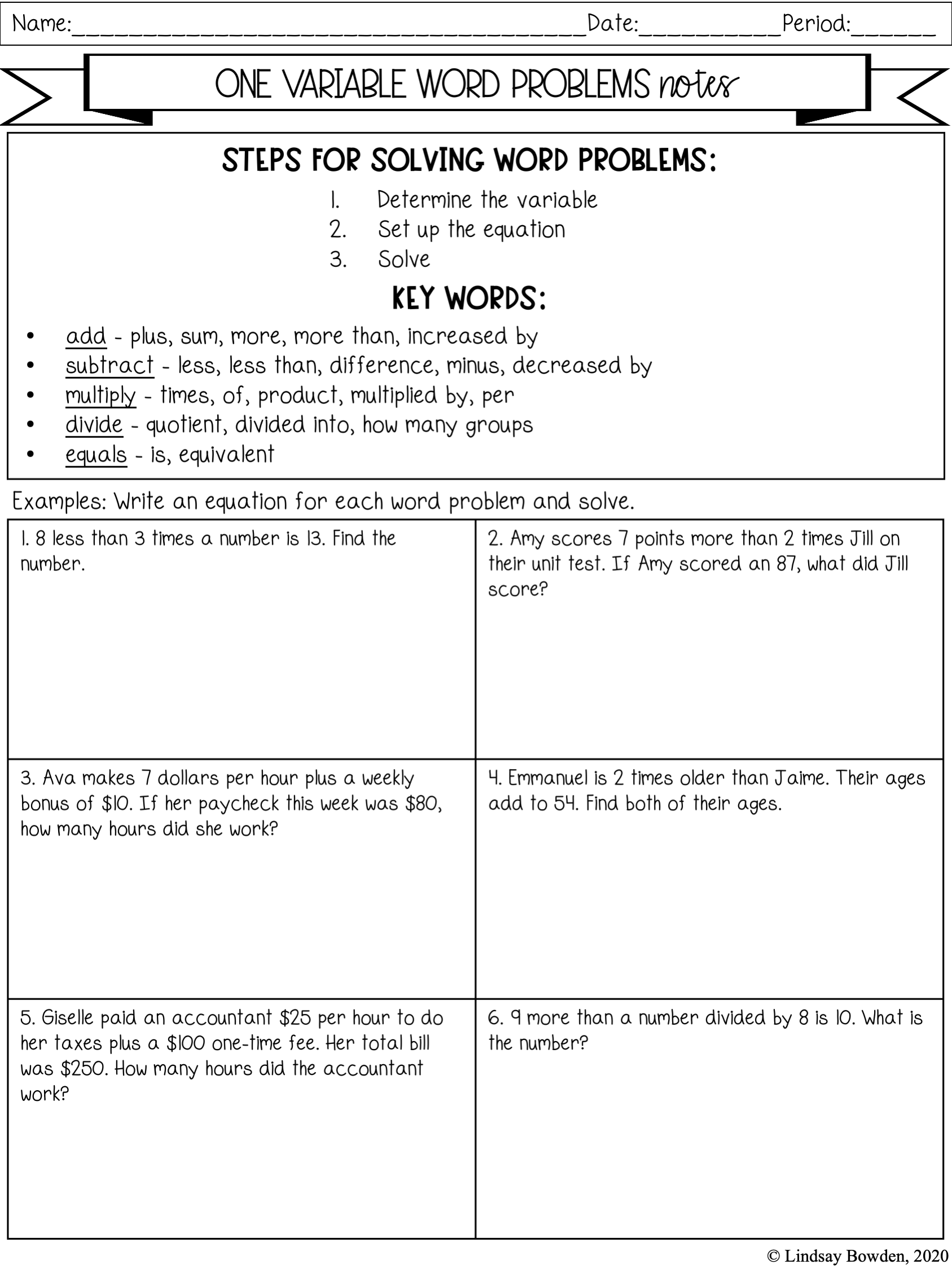 Linear Word Problem Worksheet