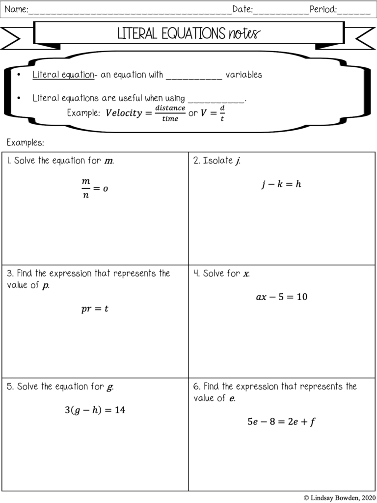 Literal Equations Worksheet Algebra 1