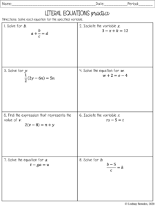 Literal Equations Notes and Worksheets - Lindsay Bowden