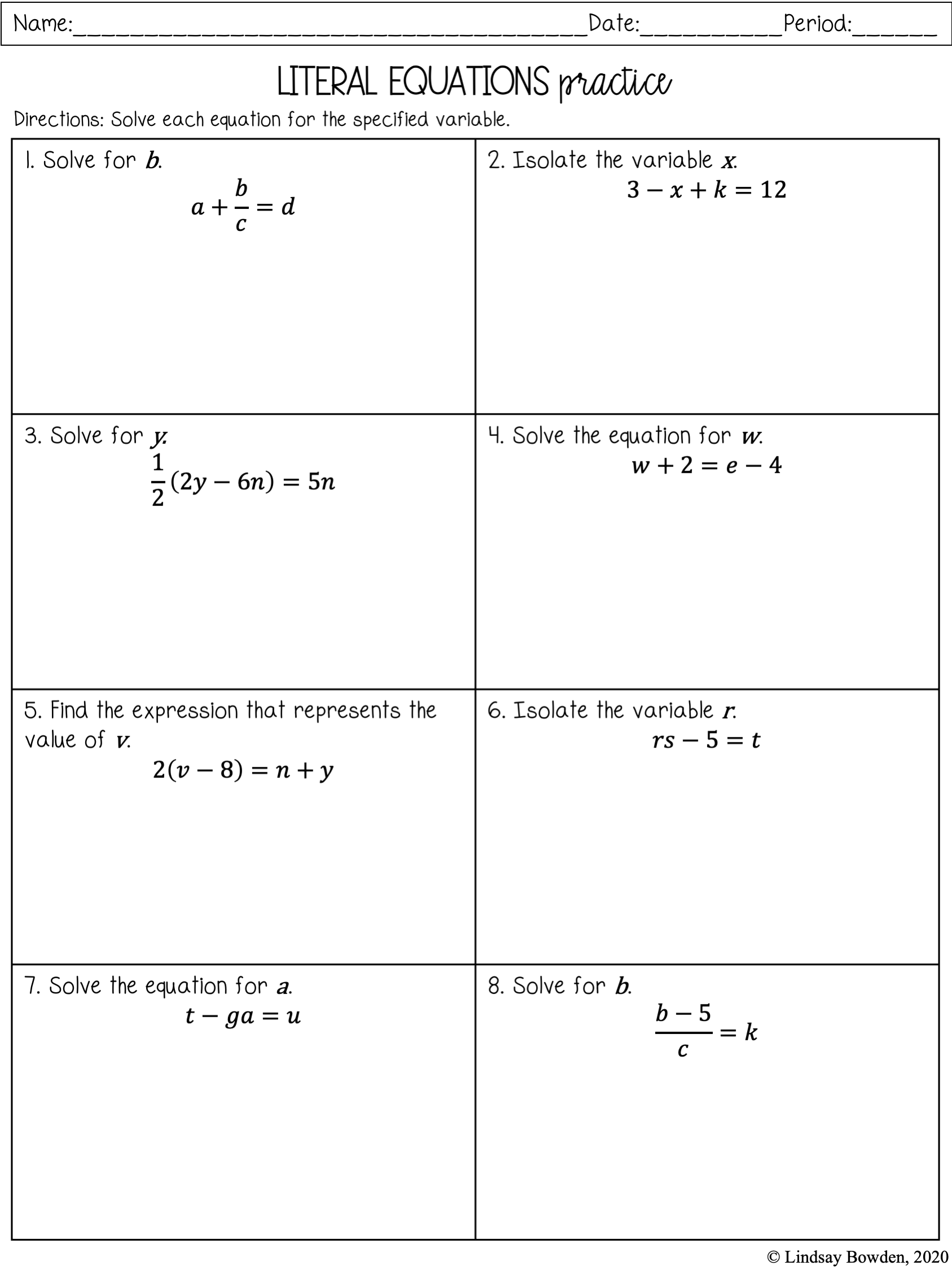 Literal Equations Notes and Worksheets - Lindsay Bowden With Regard To Solve Literal Equations Worksheet