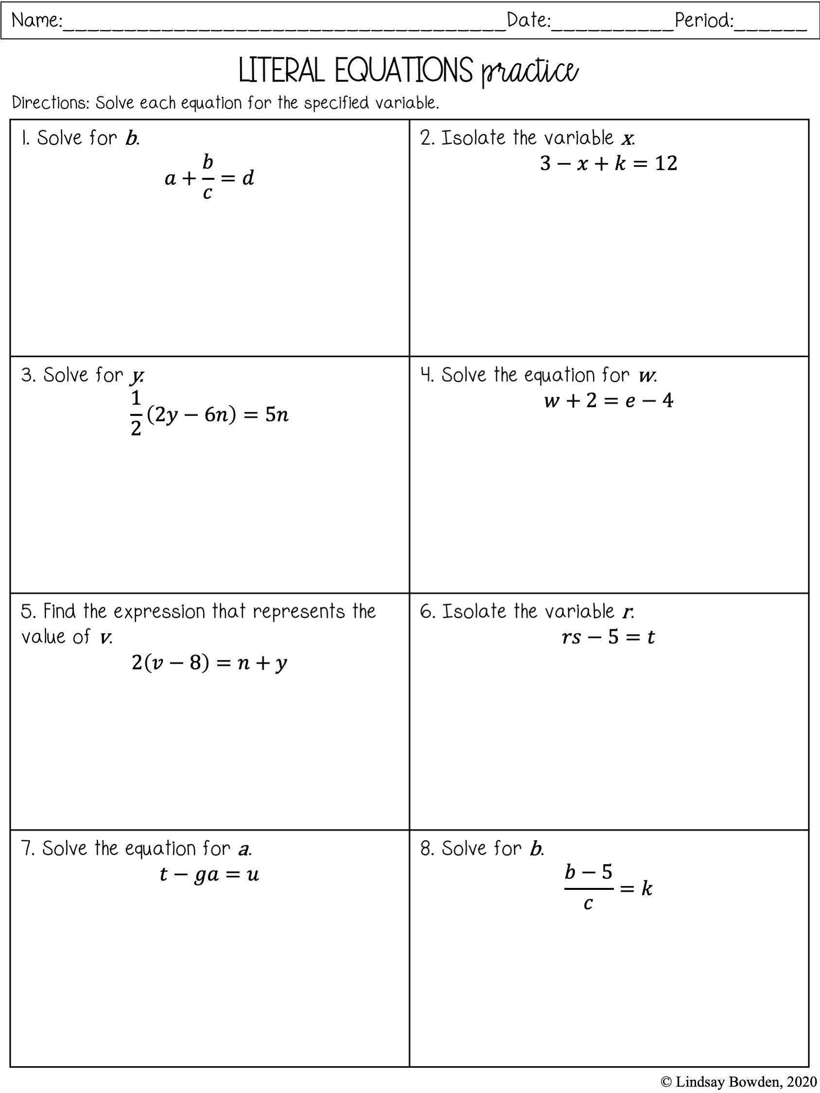 Solving Literal Equations Practice