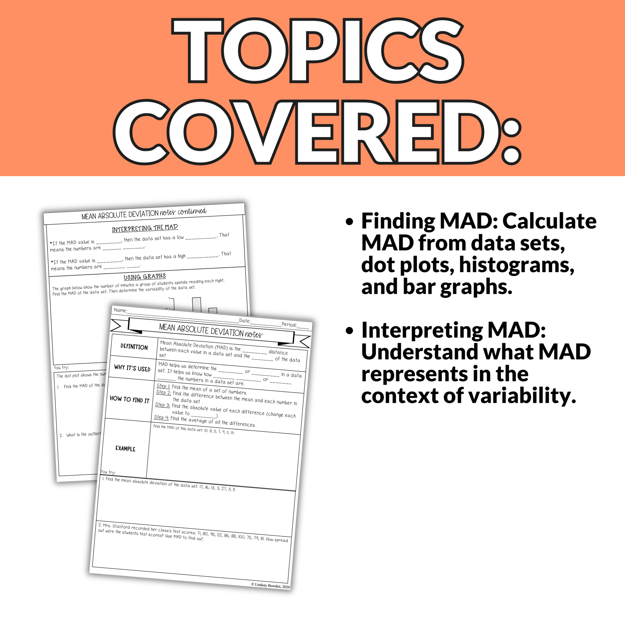 Mean Absolute Deviation Notes and Worksheets - Lindsay Bowden