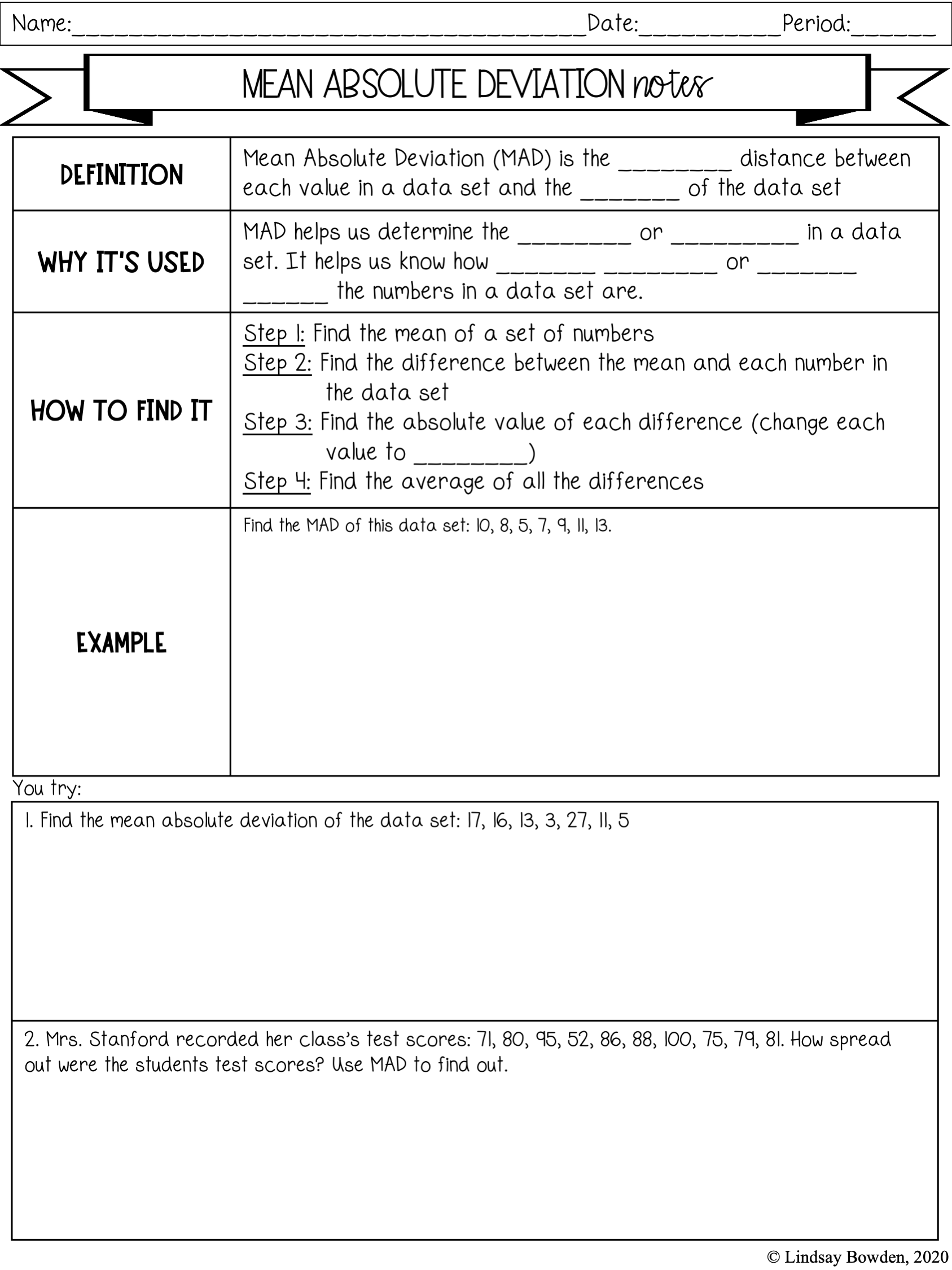 Mean Absolute Value Notes and Worksheets Lindsay Bowden